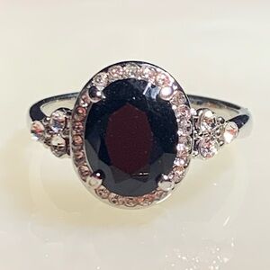 Black Crystal Ring Silver Tone Size 8